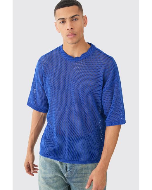 BoohooMAN Blue Oversized Open Stitch T-shirt In Cobalt for men