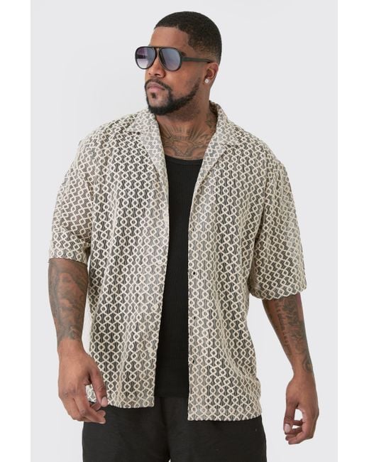 BoohooMAN Gray Plus Short Sleeve Drop Revere Abstract Open Weave Shirt for men