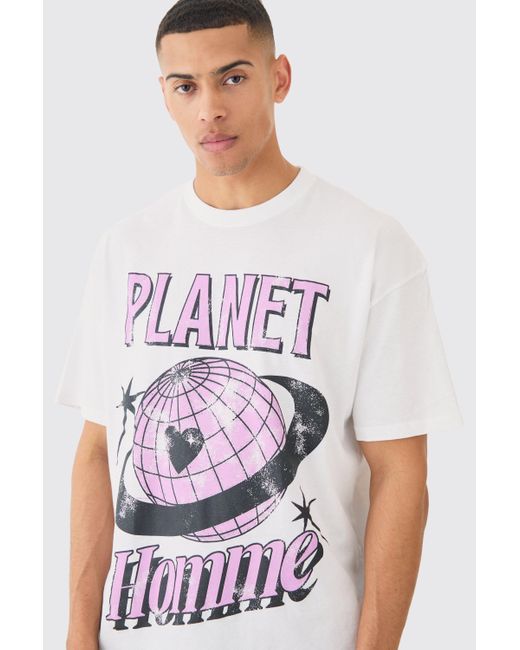 BoohooMAN White Oversized Planet Homme Print T-shirt for men