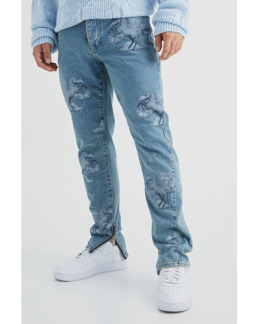 BoohooMAN Blue Slim Rigid All Over Graphic Gusset Jeans for men
