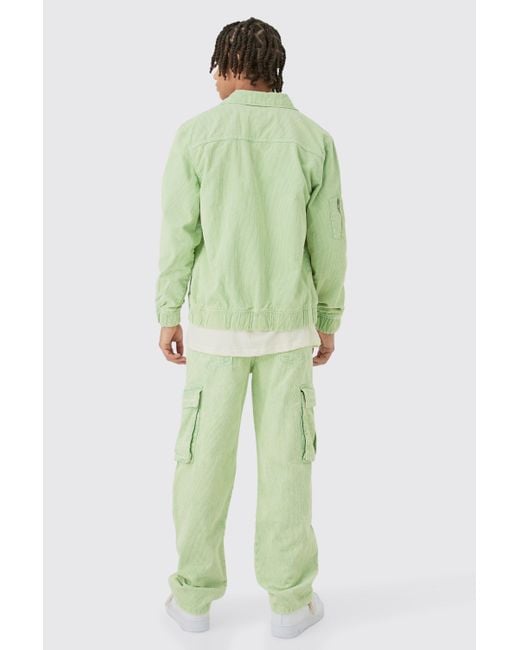 BoohooMAN Green Relaxed Cargo Cord Pants In Sage for men