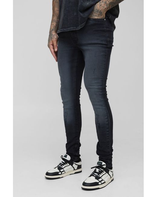 BoohooMAN Blue Tall Ripped Zip Hem Super Skinny Jeans for men