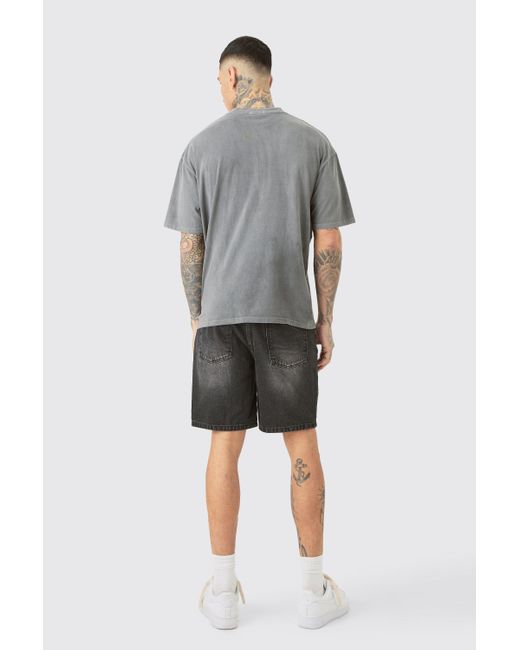 Boohoo Tall Slim Fit Distressed Denim Shorts In Washed Black