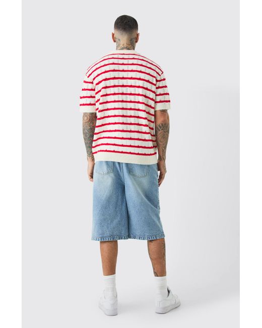 BoohooMAN Tall Short Sleeve Oversized Crochet Knit Stripe Polo In Red for men