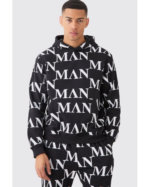 BoohooMAN Black Roman All Over Print Hooded Tracksuit for men