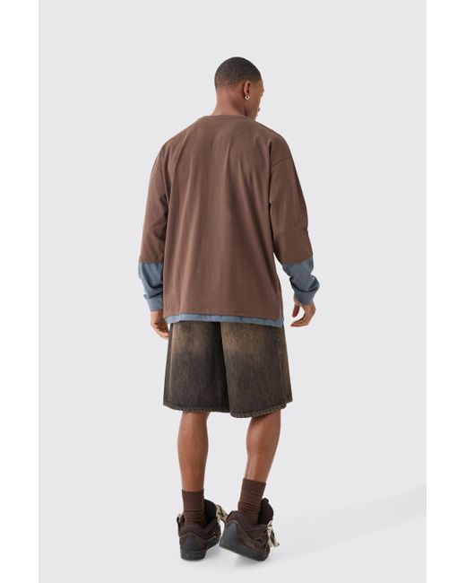 BoohooMAN Brown Oversized Washed Carded Heavy Ofcl Faux Layer T-shirt for men