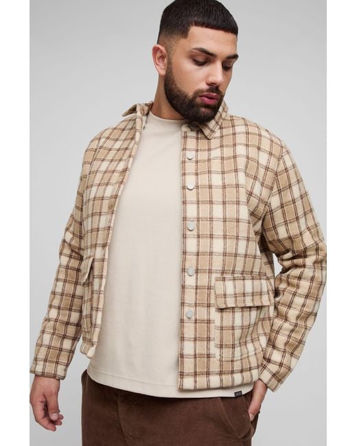 BoohooMAN Natural Plus Borg Lined Brushed Oversized Flannel Shirt Jacket for men