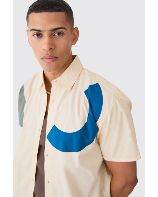 BoohooMAN Natural Short Sleeve Oversized Poplin Shapes Applique Shirt for men