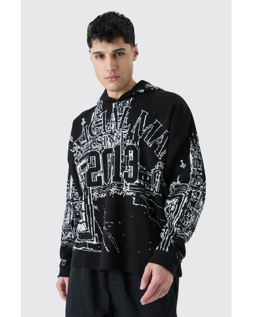 BoohooMAN Black Oversized All Over Graphic Hoodie for men