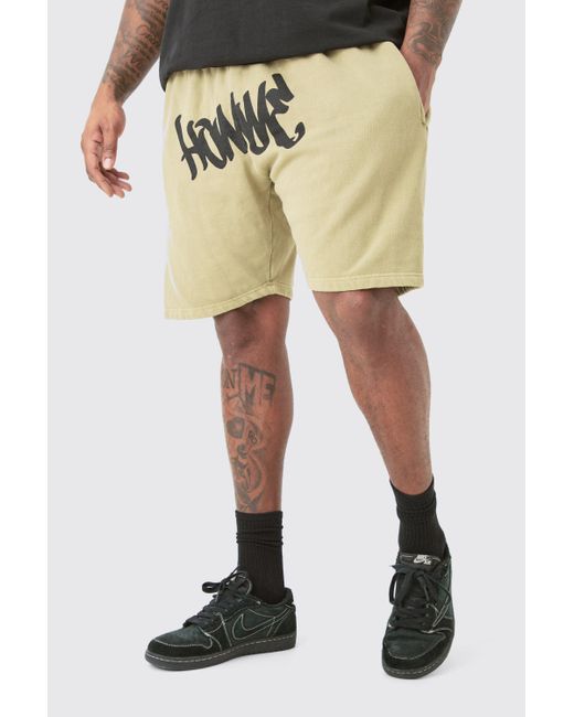 BoohooMAN Natural Plus Loose Fit Overdye Graffiti Jersey Shorts for men