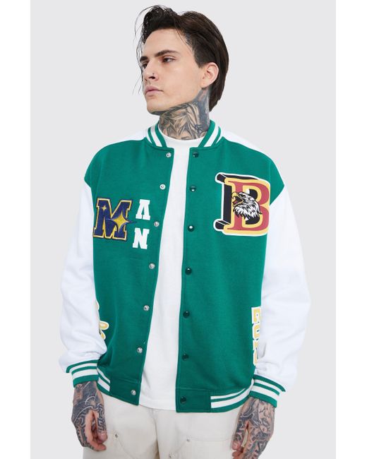BoohooMAN Oversized Bm Jersey Varsity Jacket in Green for Men Lyst
