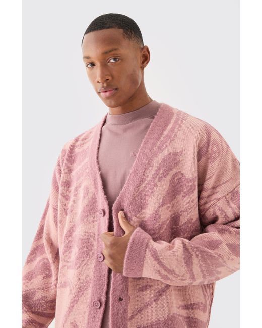 BoohooMAN Pink Boxy Oversized Brushed Abstract All Over Jacquard Cardigan for men