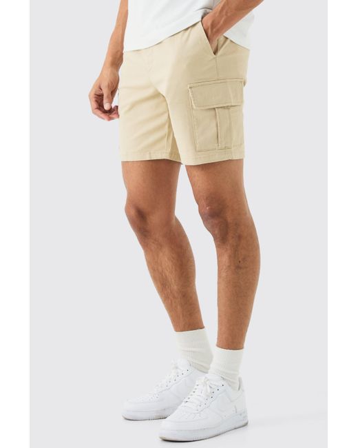 BoohooMAN Natural Elastic Waist Stone Slim Fit Cargo Shorts for men
