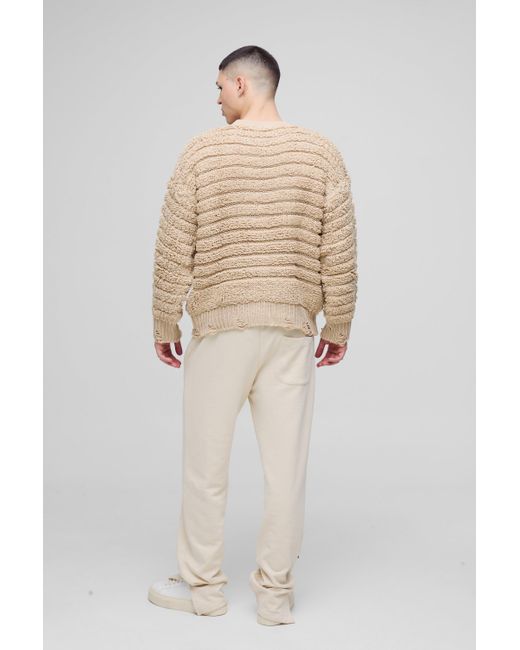 BoohooMAN Natural Oversized Boxy Distressed Textured Knitted Jumper for men