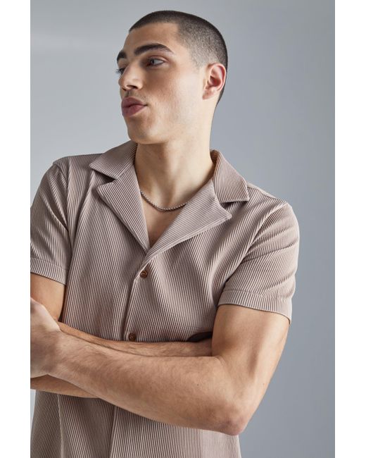BoohooMAN Brown Pleated Muscle Fit Revere Shirt for men