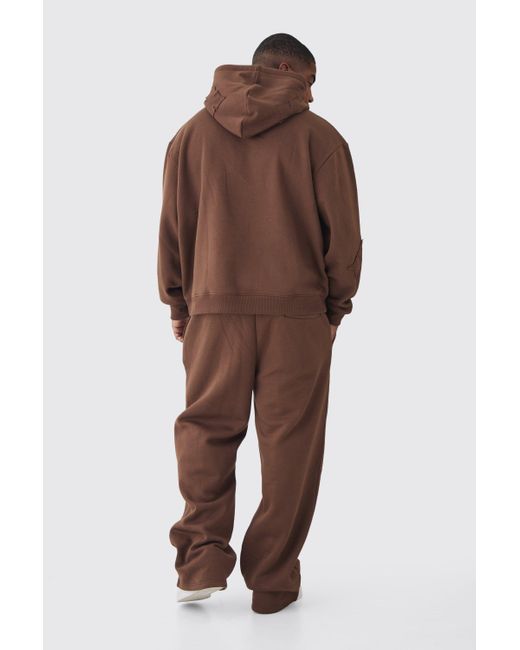 BoohooMAN Brown Plus Oversized Boxy Cross Applique & Relaxed Jogger Tracksuit for men