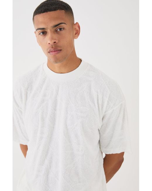 BoohooMAN Oversized Burnout Towelling Jacquard T-shirt in White für Herren