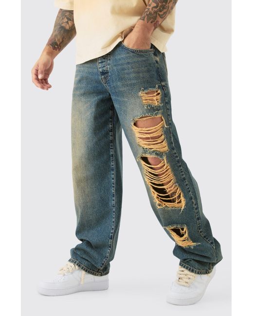 BoohooMAN Blue Baggy Rigid Ripped Denim Jean In Antique Wash for men