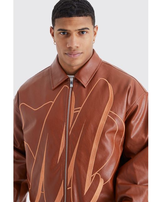 BoohooMAN Brown Boxy Pu Contrast Embroidery Bomber for men