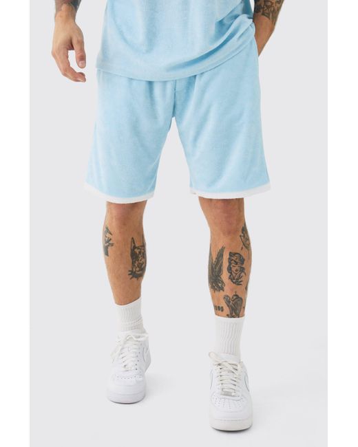 BoohooMAN Blue Relaxed Fit Mid Contrast Towelling Shorts for men