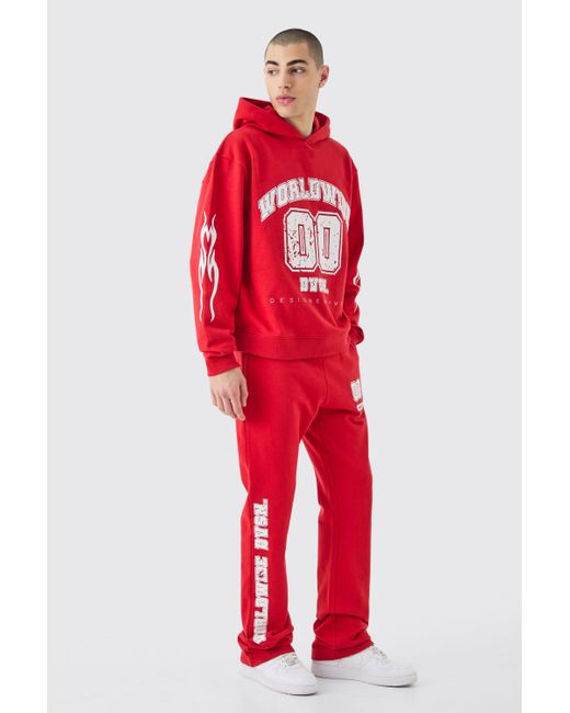 BoohooMAN Red Oversized Boxy Worldwide Varsity Hooded Tracksuit for men