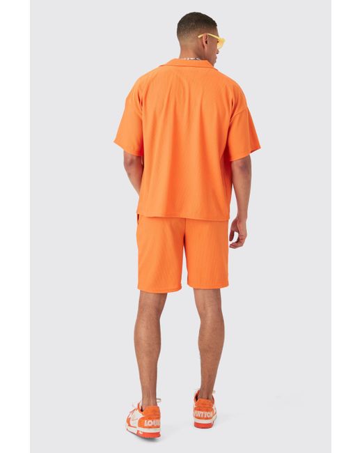BoohooMAN Short Sleeve Ribbed Boxy Shirt & Short in Orange für Herren
