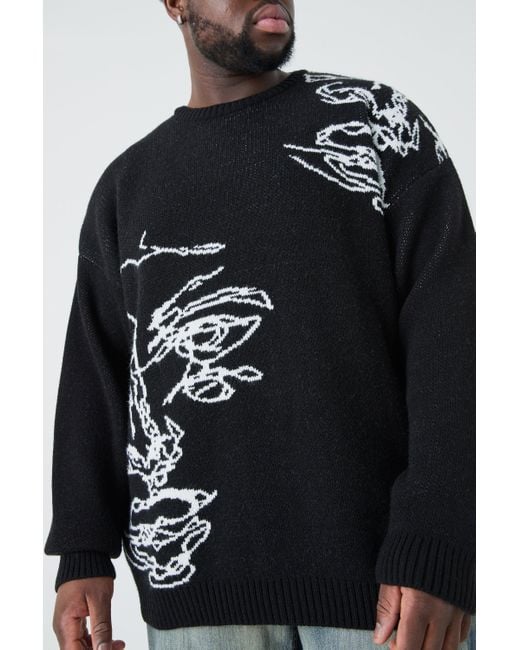 BoohooMAN Black Plus Oversized Knitted Line Drawing Drop Shoulder Jumper for men