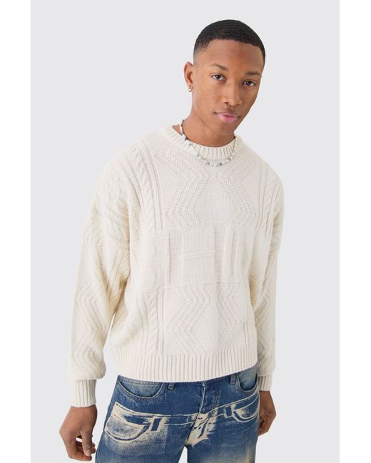 BoohooMAN Gray Oversized Boxy Bhm Cable Knit Jumper for men