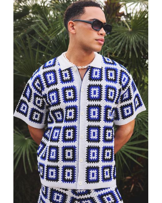 BoohooMAN Blue Oversized Boxy Crotchet Knit Shirt In White for men