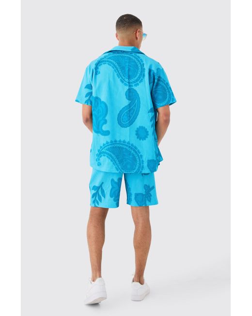 BoohooMAN Blue Oversized Paisley Tonal Printed Pleated Shirt & Short Set for men