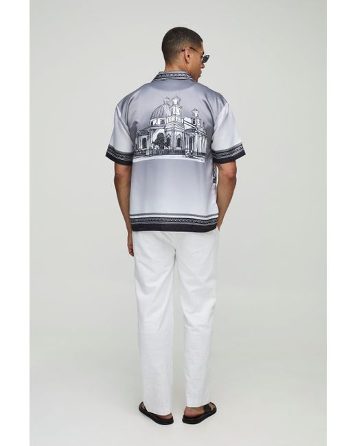 BoohooMAN Blue Satin Oversized Revere Statue Border Shirt for men