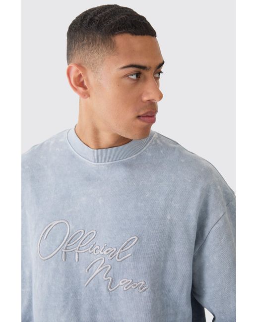 BoohooMAN Blue Oversized Extended Neck Acid Wash Embroidered Sweatshirt for men