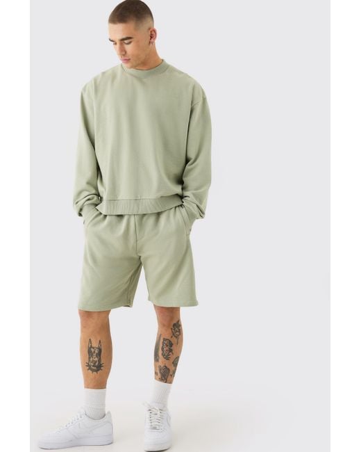 Boohoo Green Oversized Extended Neck Heavyweight Sweatshirt Short Tracksuit