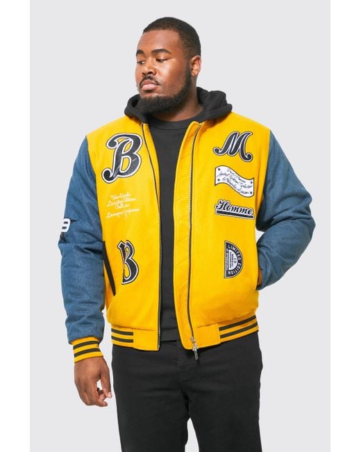 Boohoo Plus Bm 13 Varsity Jacket With Denim Sleeves in Yellow for Men
