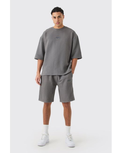 BoohooMAN Gray Oversized Quilted Herringbone T-shirt for men