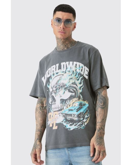 BoohooMAN Tall Worldwide Gothic T-shirt In Acid Wash in Gray für Herren