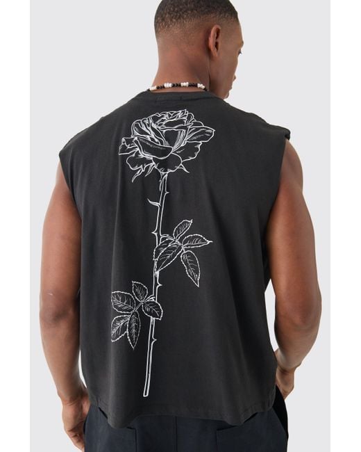 BoohooMAN Black Oversized Boxy Cropped Line Rose Tank for men