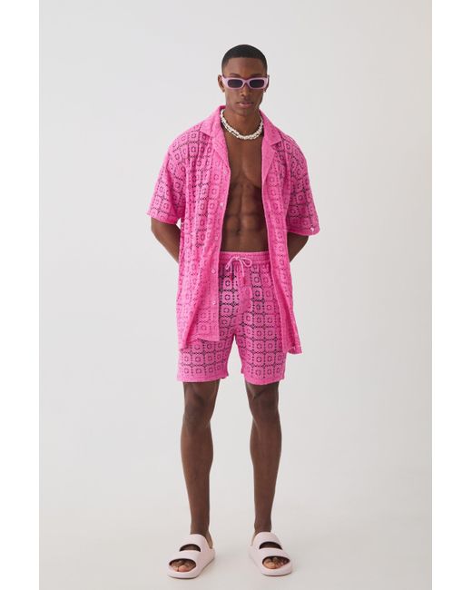 BoohooMAN Pink Oversized Open Weave Lace Shirt & Short Set for men