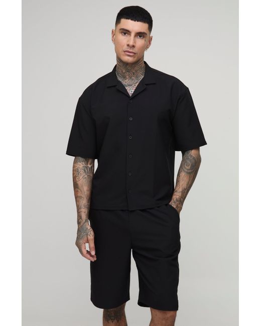 BoohooMAN Tall kastiges Oversize Stretch-Hemd & Komfort-Shorts in Black für Herren