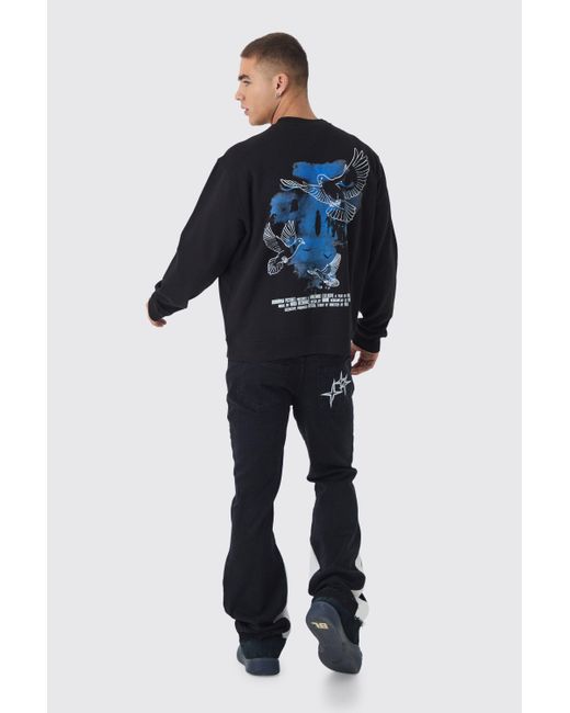 BoohooMAN Blue Boxy Extended Neck Eagle Back Print Sweatshirt for men