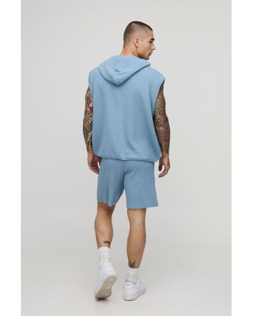 Boohoo Blue Oversized Fit Ribbed Knitted Zip Through Hoodie And Shorts Set
