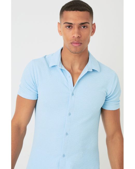 BoohooMAN Blue Short Sleeve Crinkle Muscle Fit Shirt for men