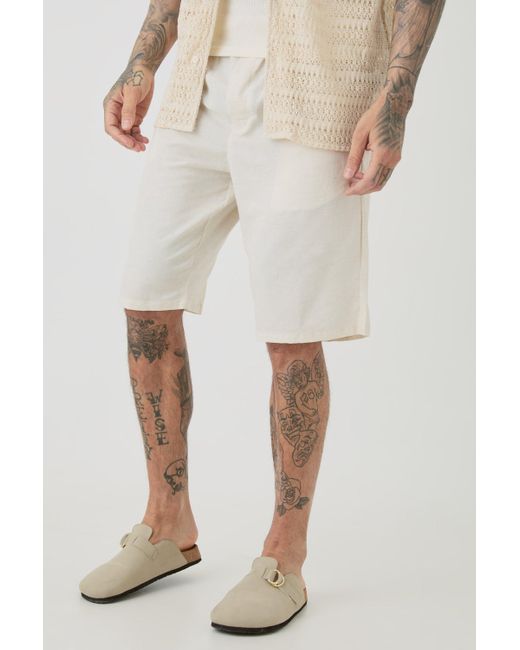 BoohooMAN Tall Elasticated Waist Linen Comfort Shorts In Natural for men