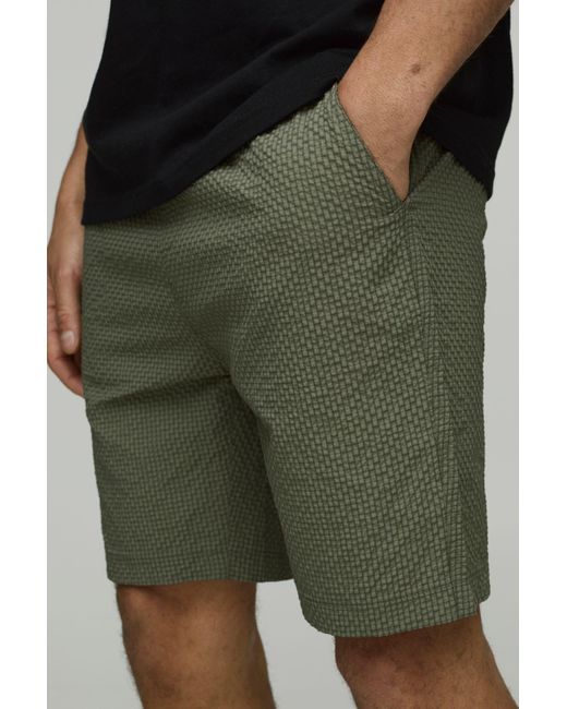 BoohooMAN Mittellange lockere Seersucker Shorts mit elastischem Bund in Green für Herren