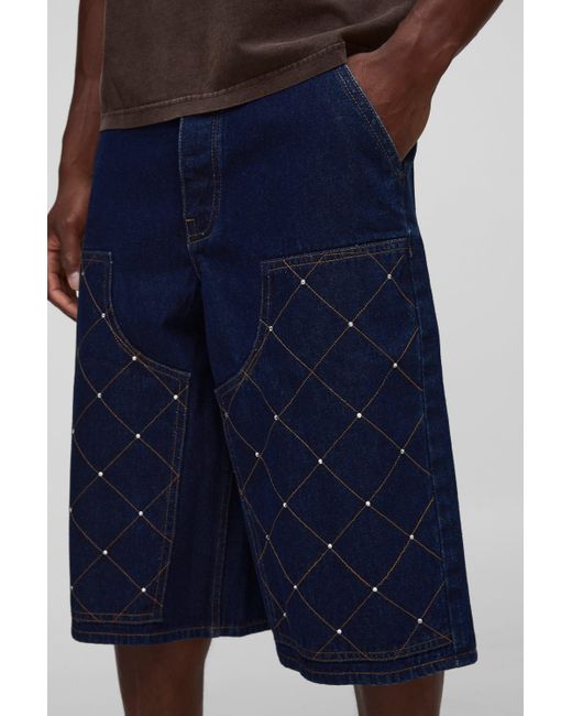 Embellished Carpenter Rigid Denim Longline Jorts Boohoo de color Blue