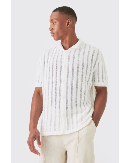 BoohooMAN Oversized Boxy Open Ladder Stitch Knitted Shirt In White for men