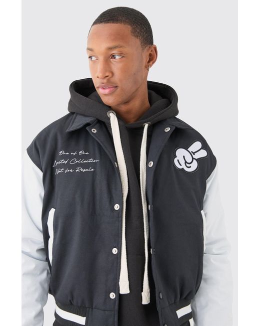 Boohoo Gray Boxy Twill Embroidered Collared Varsity Jacket In Black
