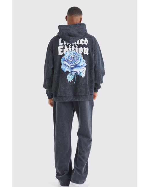 BoohooMAN Blue Oversized Acid Wash Rose Graphic Hoodie for men
