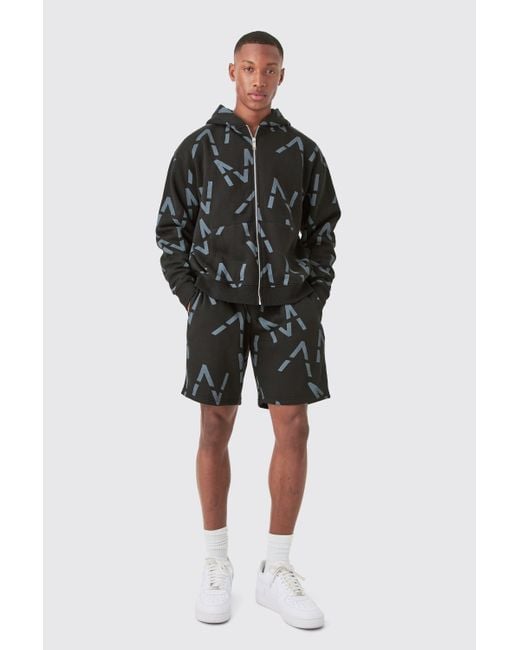 BoohooMAN Black Oversized Boxy All Over Print Zip Hoodie Short Tracksuit for men