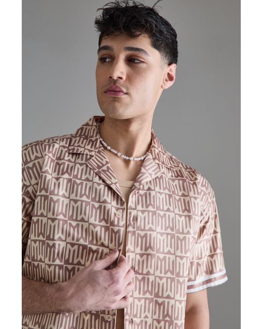 BoohooMAN Brown Oversized Short Sleeve Monogram Satin Shirt for men